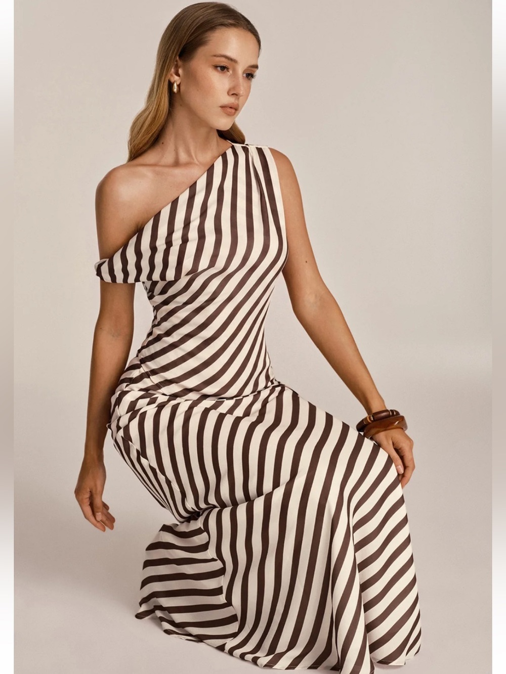 Commense Asymmetrical One-Shoulder Striped Maxi Skirt Set- Brown & Cream